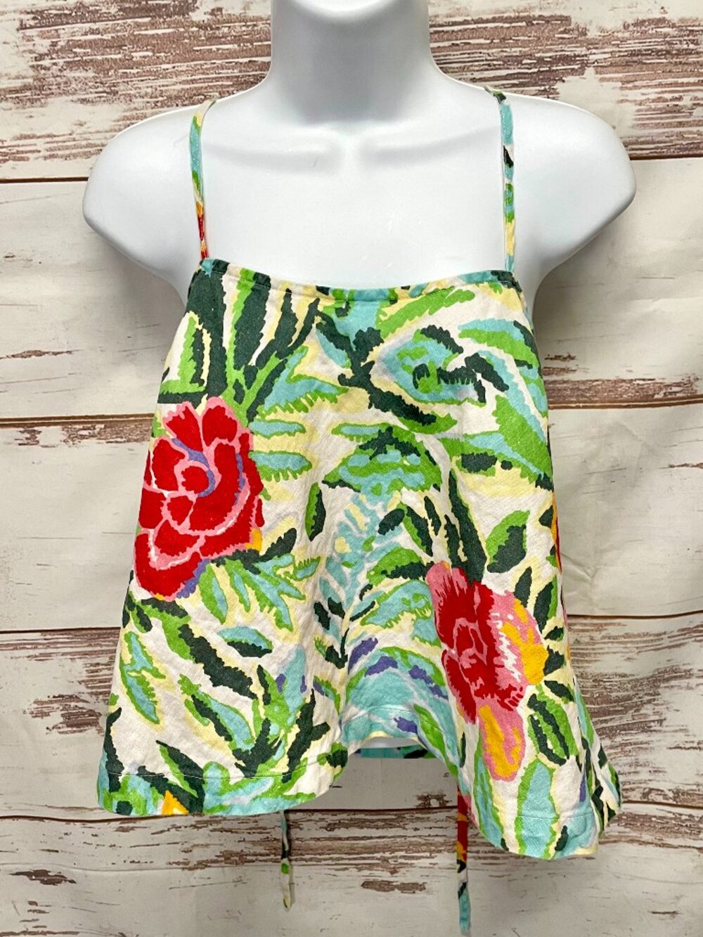 Unsubscribed linen floral tie back tank top
